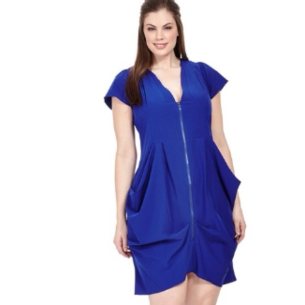 🌸City Chic Blue Zip Front Draped Short Sleeve Tunic Mini Dress Size 16w